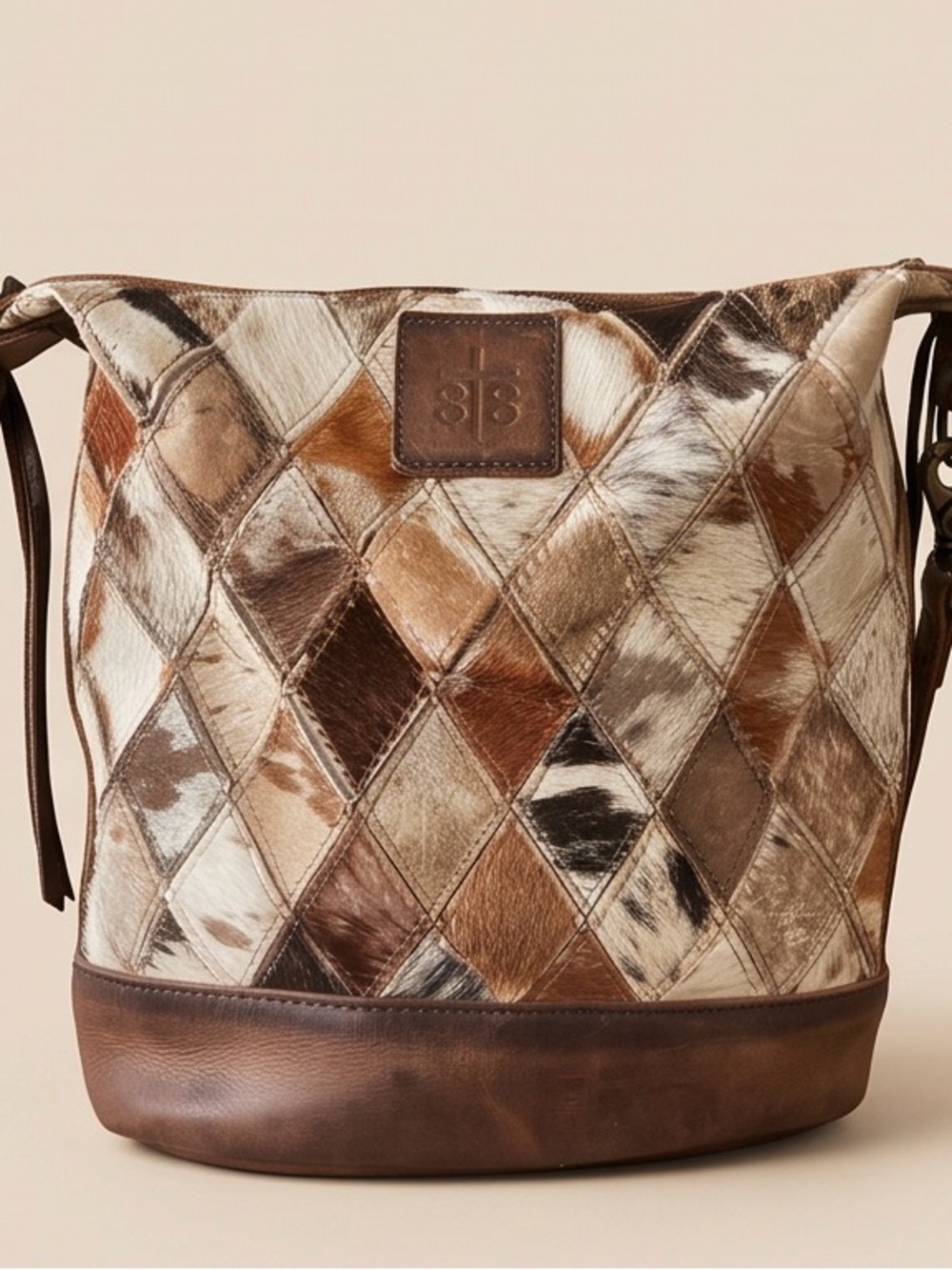 STS Ranchwear Brown Multi Patchwork Cowhide Crossbody Bucket Bag - Picture 4 of 14